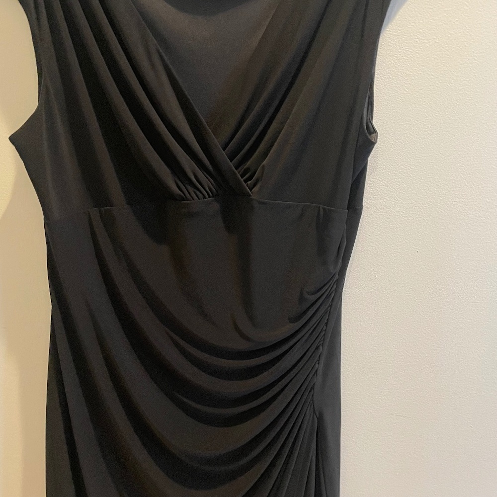 Evan Picone formal black wrap dress size 16 slimming ruched solid black
